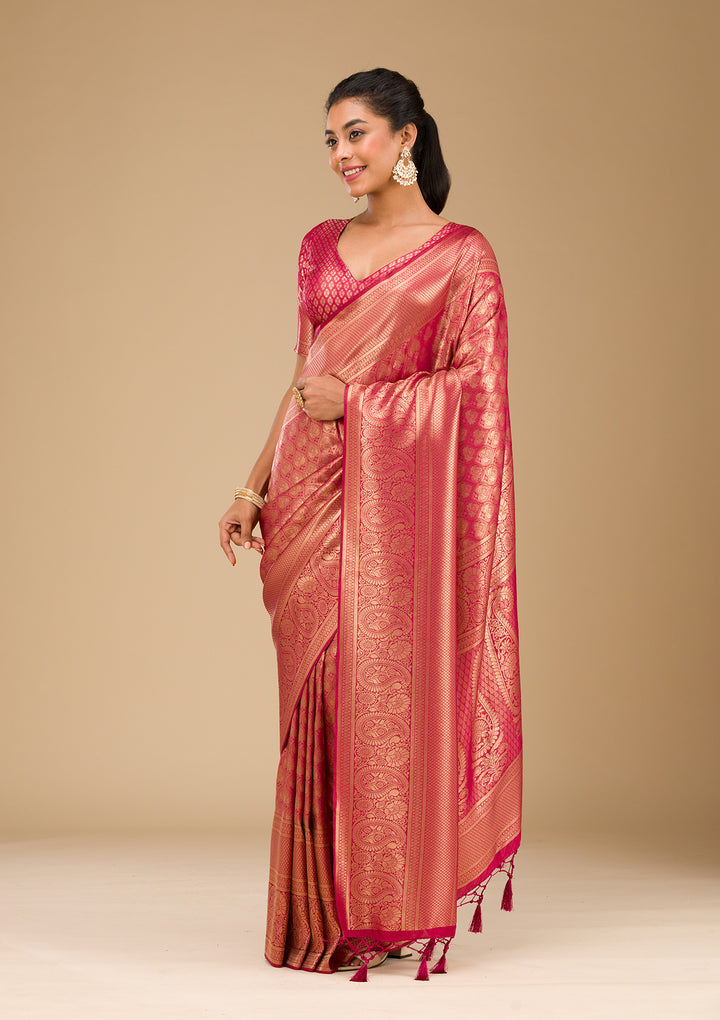 Maroon Silk Jaal Gold Zariwork Saree With Matching Blouse Piece