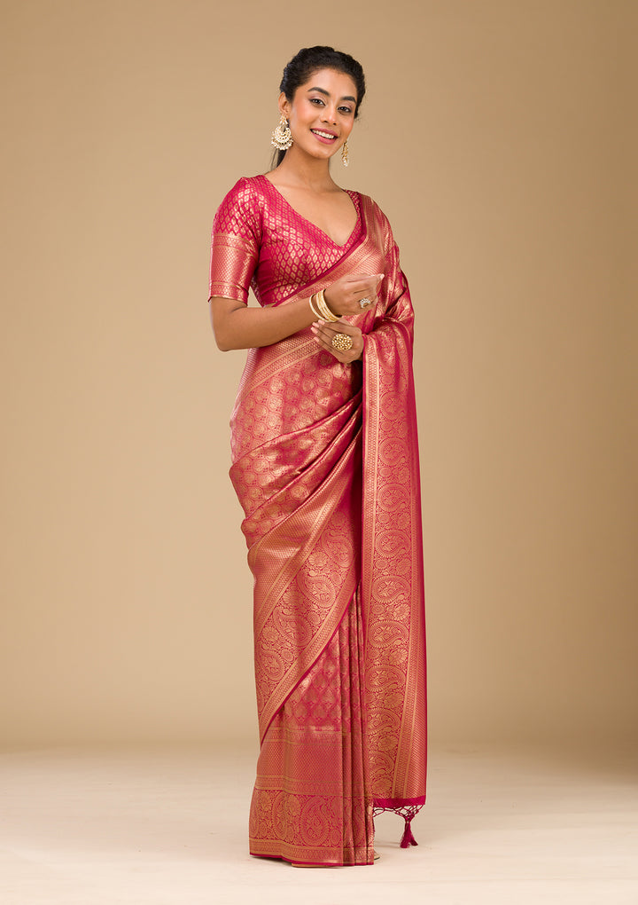 Maroon Silk Jaal Gold Zariwork Saree With Matching Blouse Piece