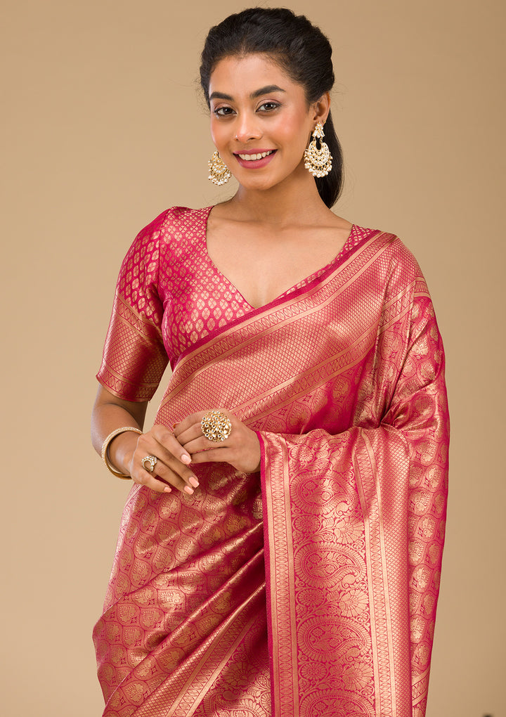 Maroon Silk Jaal Gold Zariwork Saree With Matching Blouse Piece