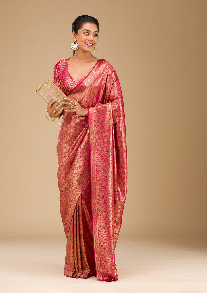 Maroon Silk Jaal Gold Zariwork Saree With Matching Blouse Piece