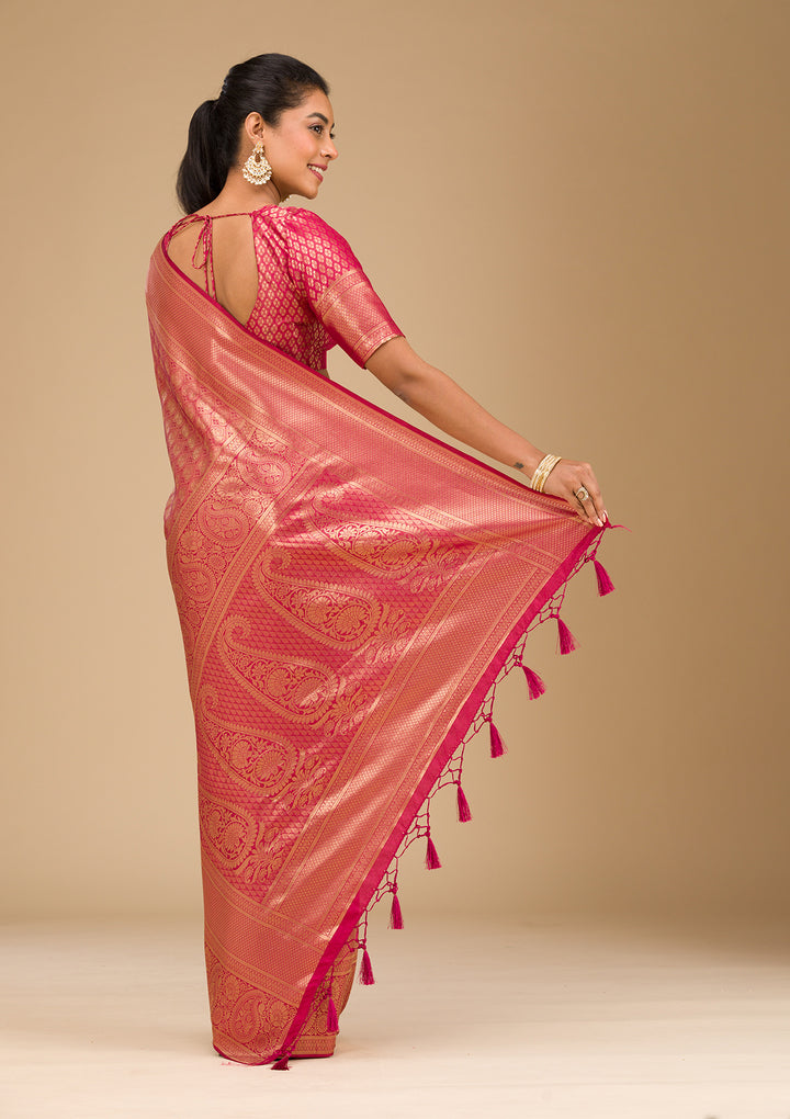 Maroon Silk Jaal Gold Zariwork Saree With Matching Blouse Piece