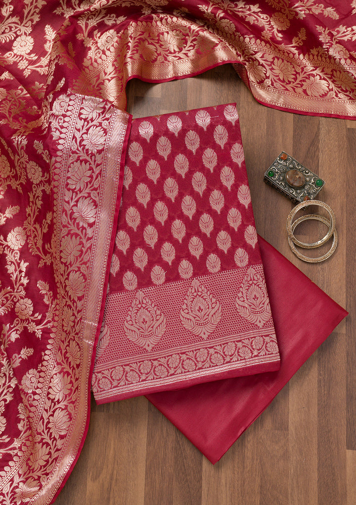 Maroon Zariwork (Gold) Silk Unstitched Salwar Suit