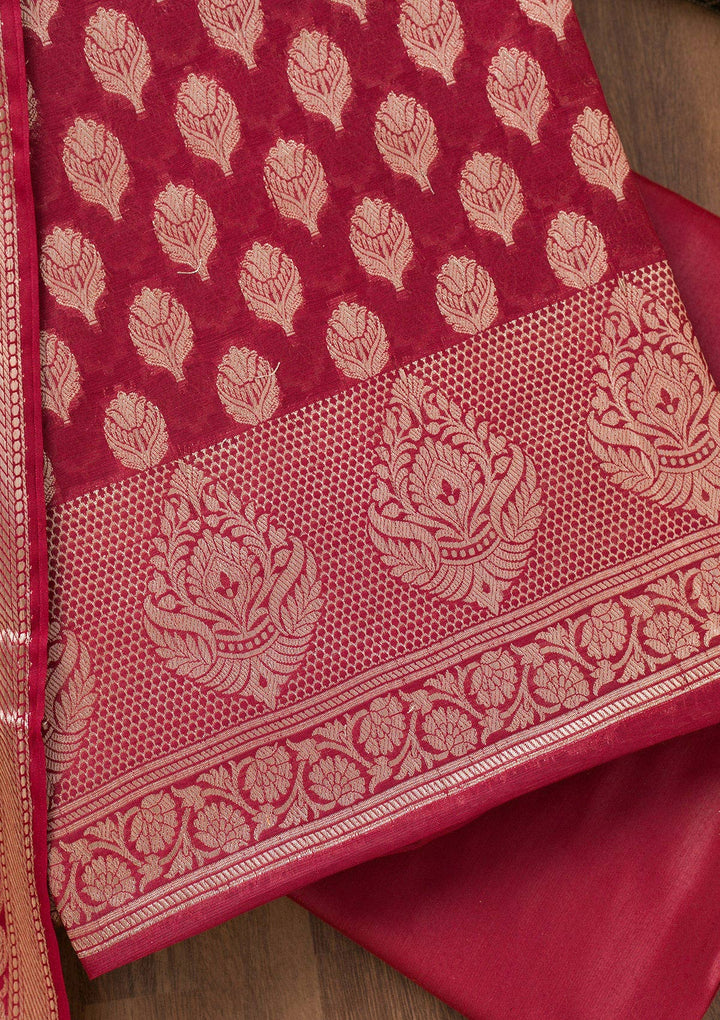 Maroon Zariwork (Gold) Silk Unstitched Salwar Suit