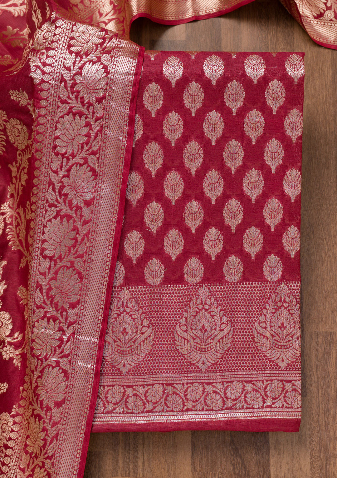Maroon Zariwork (Gold) Silk Unstitched Salwar Suit