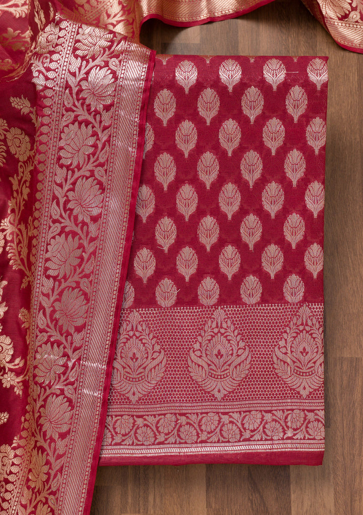 Maroon Zariwork (Gold) Silk Unstitched Salwar Suit