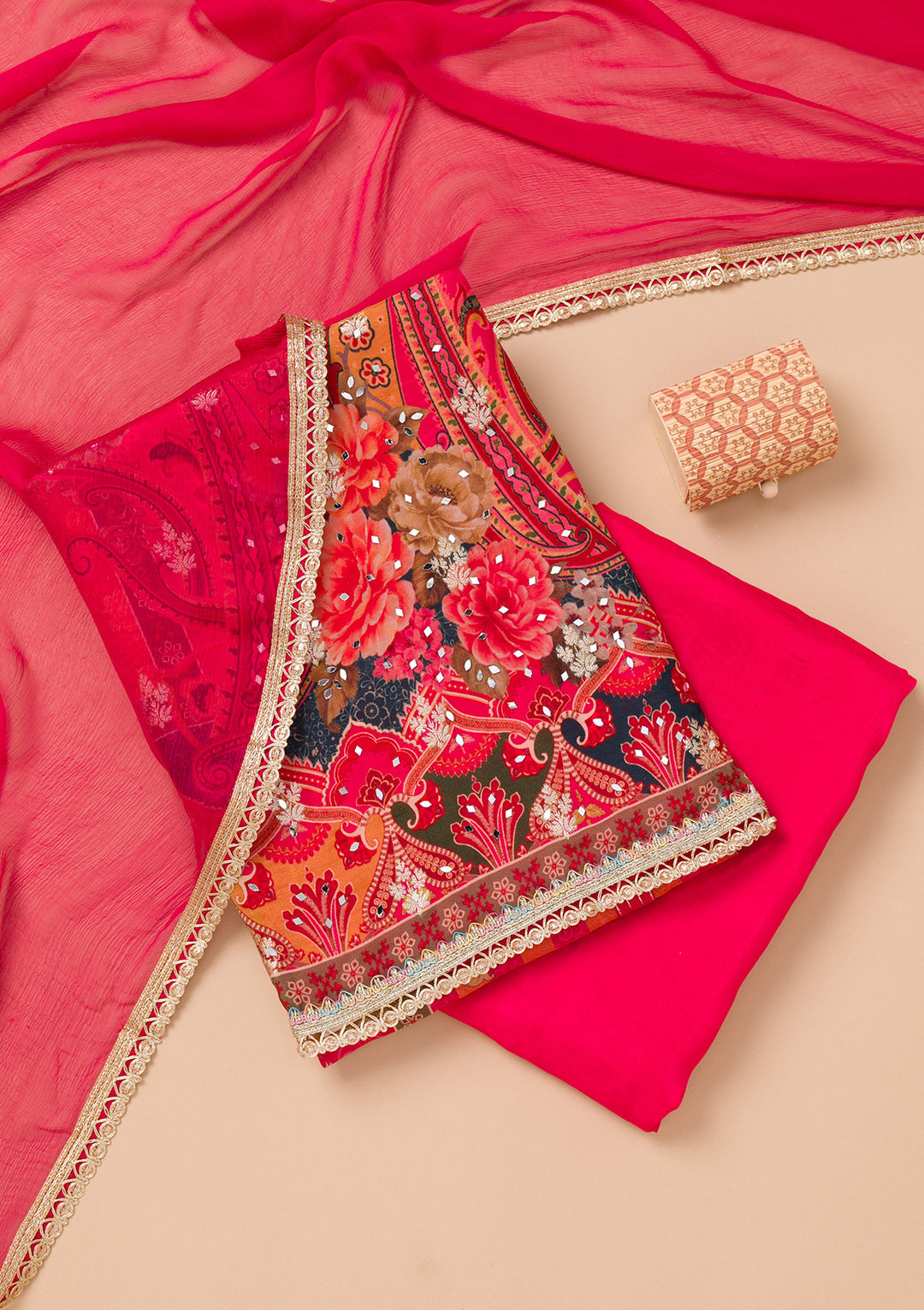 Rani Pink Organza Floral Threadwork Unstitched Dress Material With Matching Bottom And Dupatta