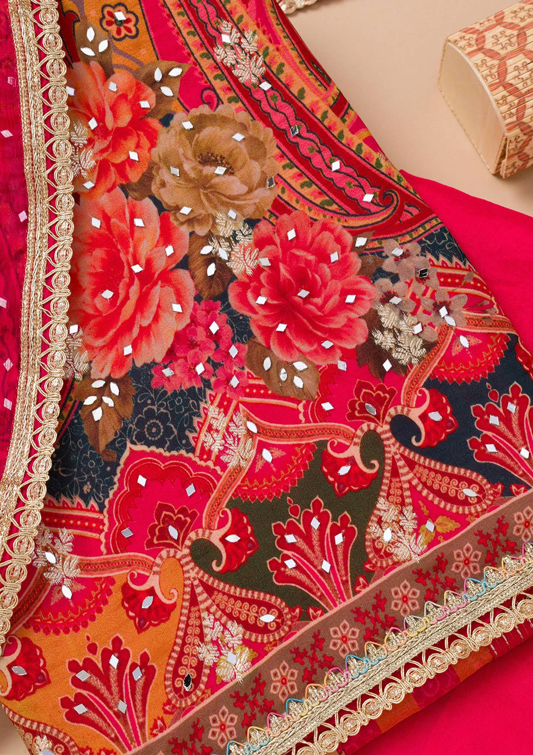 Rani Pink Organza Floral Threadwork Unstitched Dress Material With Matching Bottom And Dupatta