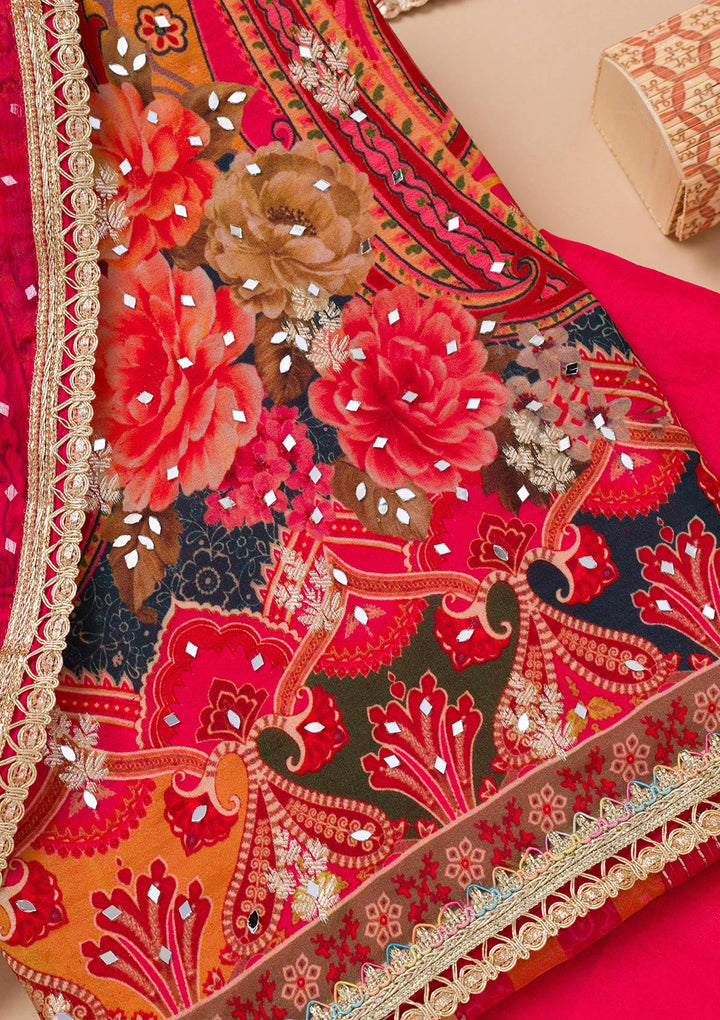 Rani Pink Organza Floral Threadwork Unstitched Dress Material With Matching Bottom And Dupatta