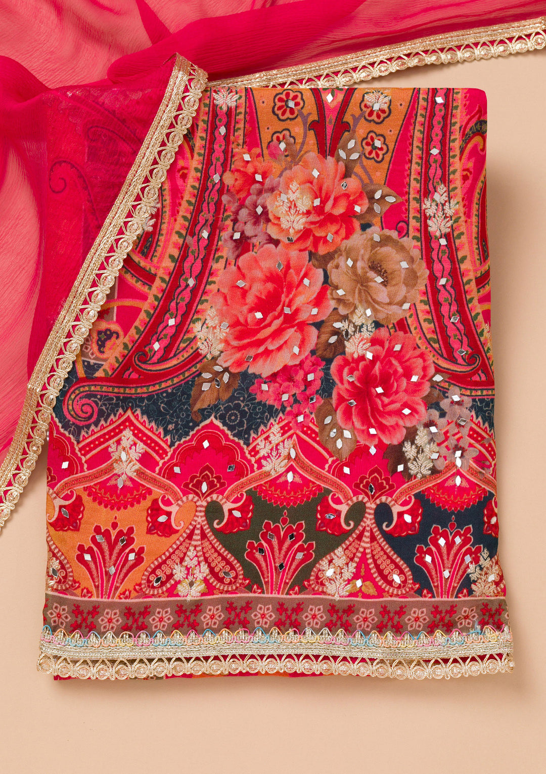 Rani Pink Organza Floral Threadwork Unstitched Dress Material With Matching Bottom And Dupatta