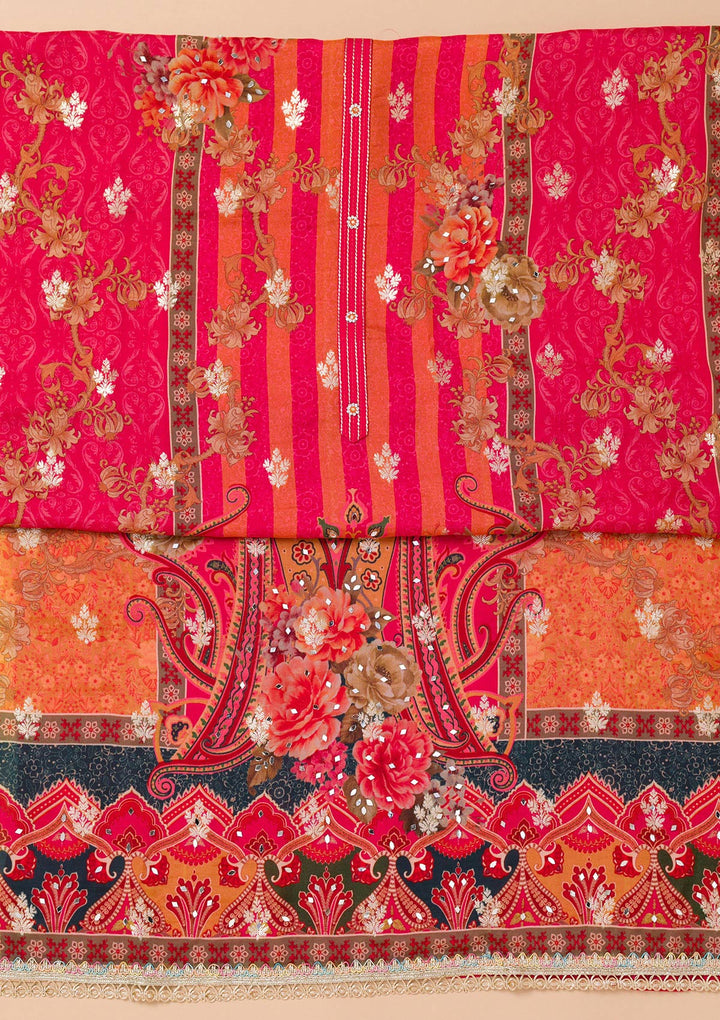 Rani Pink Organza Floral Threadwork Unstitched Dress Material With Matching Bottom And Dupatta