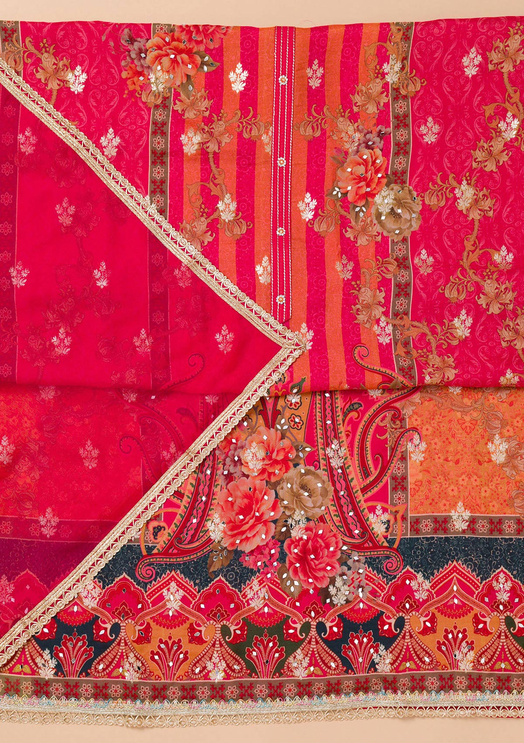 Rani Pink Organza Floral Threadwork Unstitched Dress Material With Matching Bottom And Dupatta