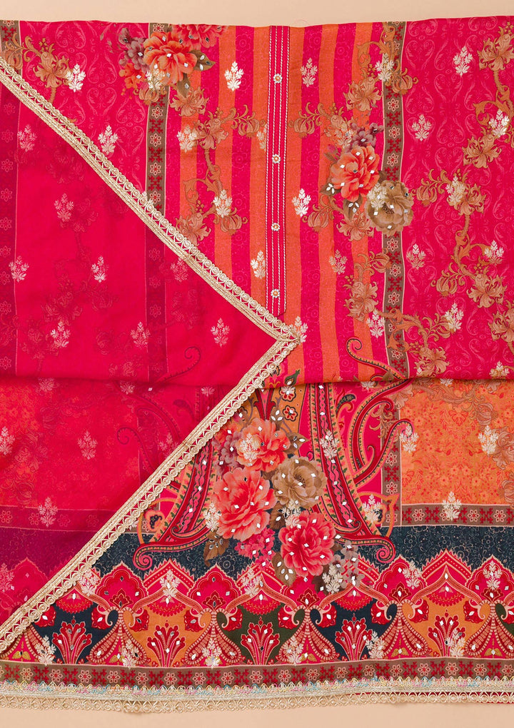 Rani Pink Organza Floral Threadwork Unstitched Dress Material With Matching Bottom And Dupatta