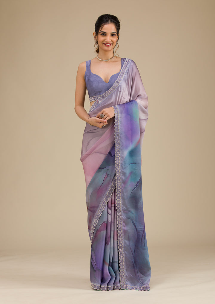 Grey Printed Satin Saree