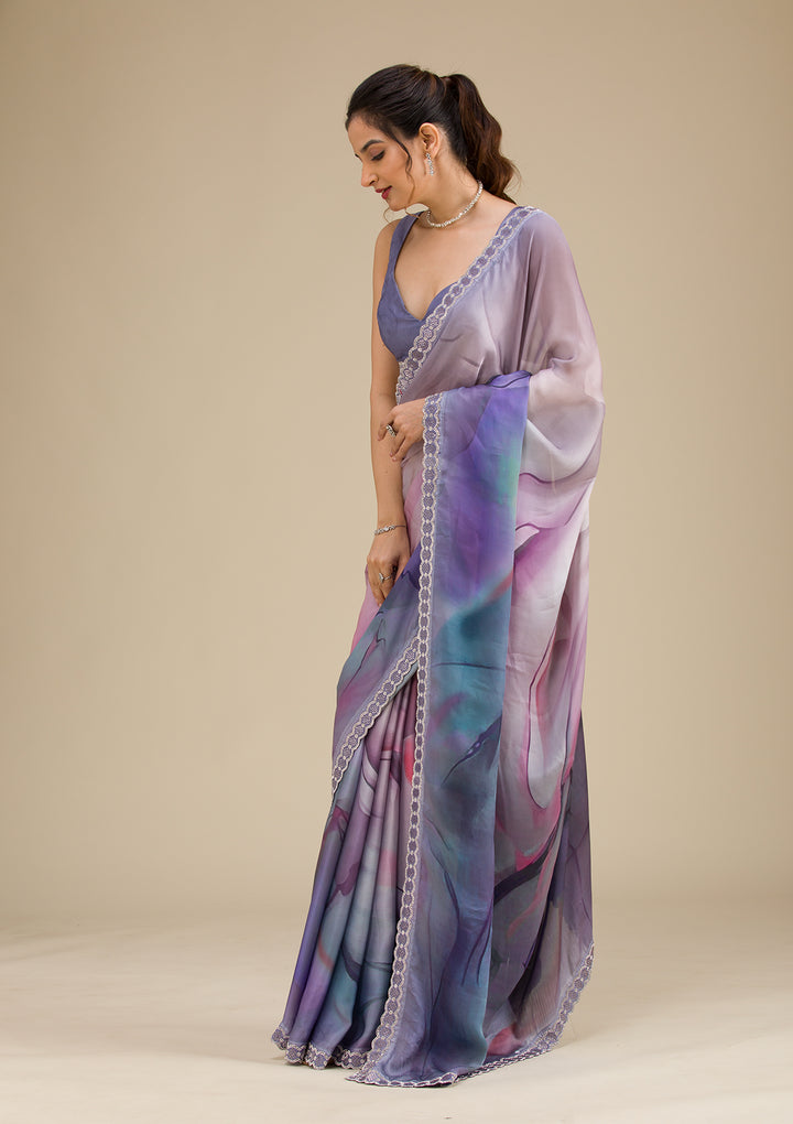 Grey Printed Satin Saree