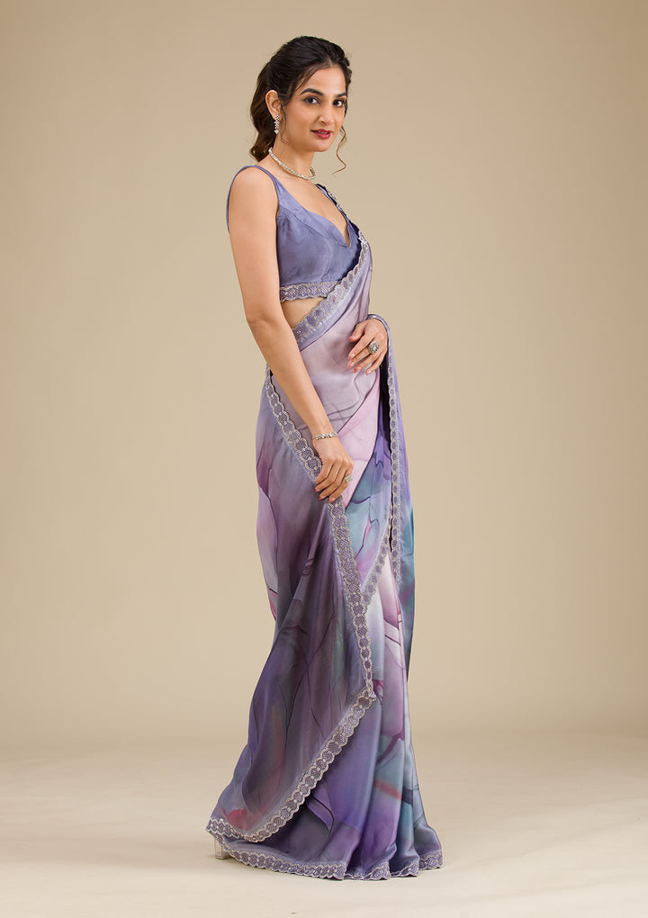 Grey Printed Satin Saree
