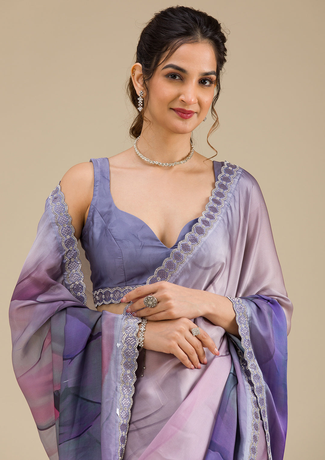 Grey Printed Satin Saree