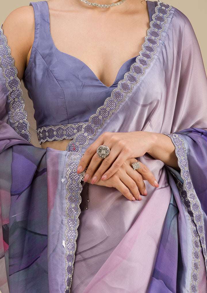 Grey Printed Satin Saree