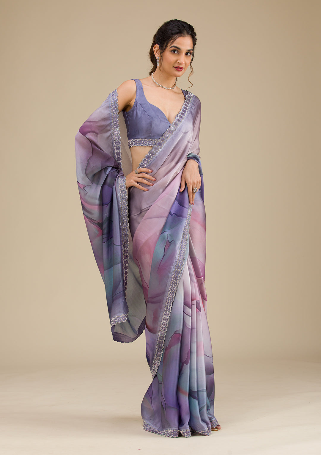 Grey Printed Satin Saree