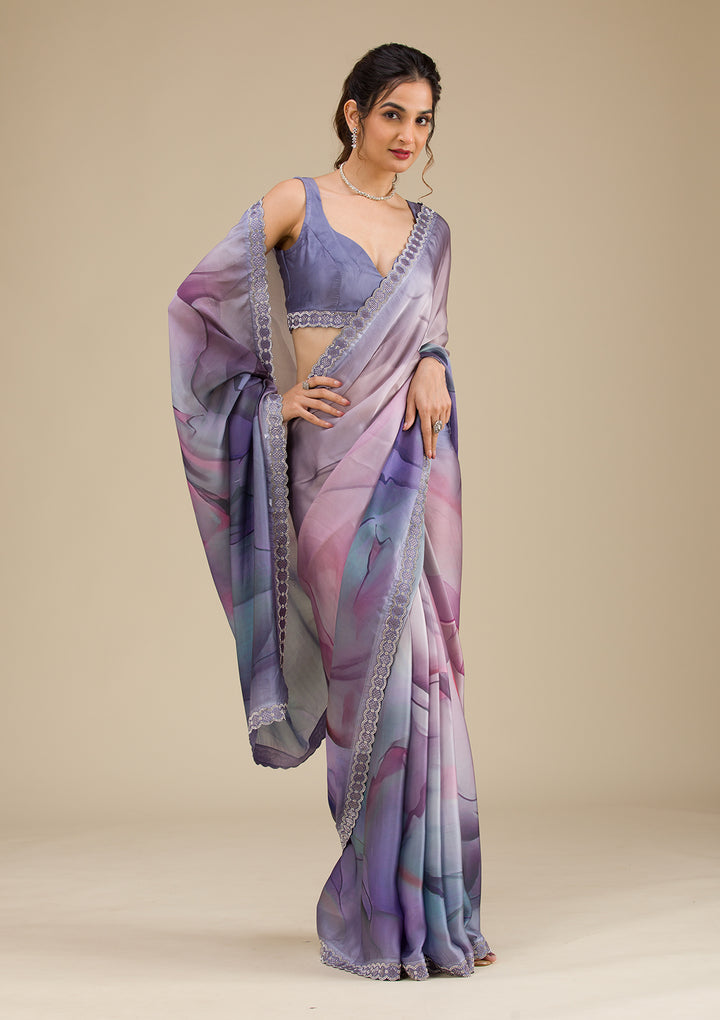 Grey Printed Satin Saree