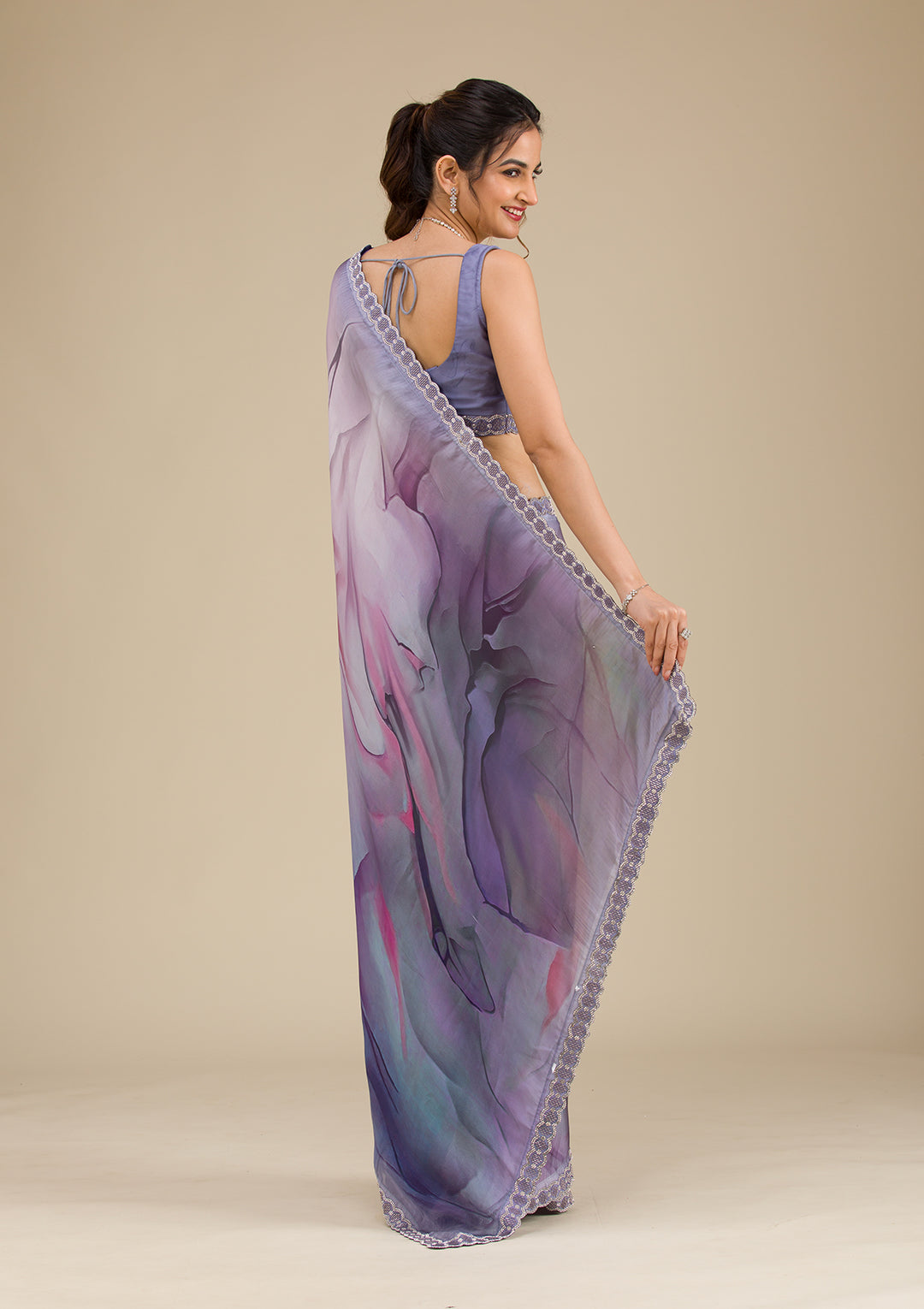 Grey Printed Satin Saree