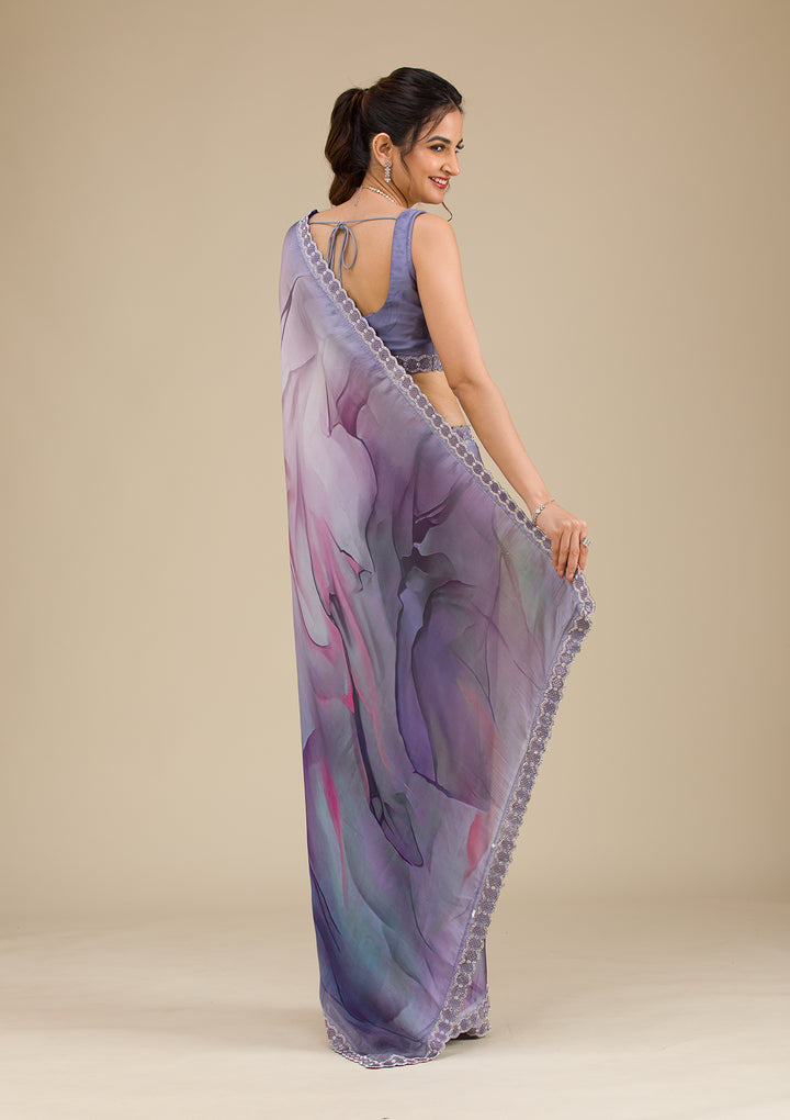 Grey Printed Satin Saree