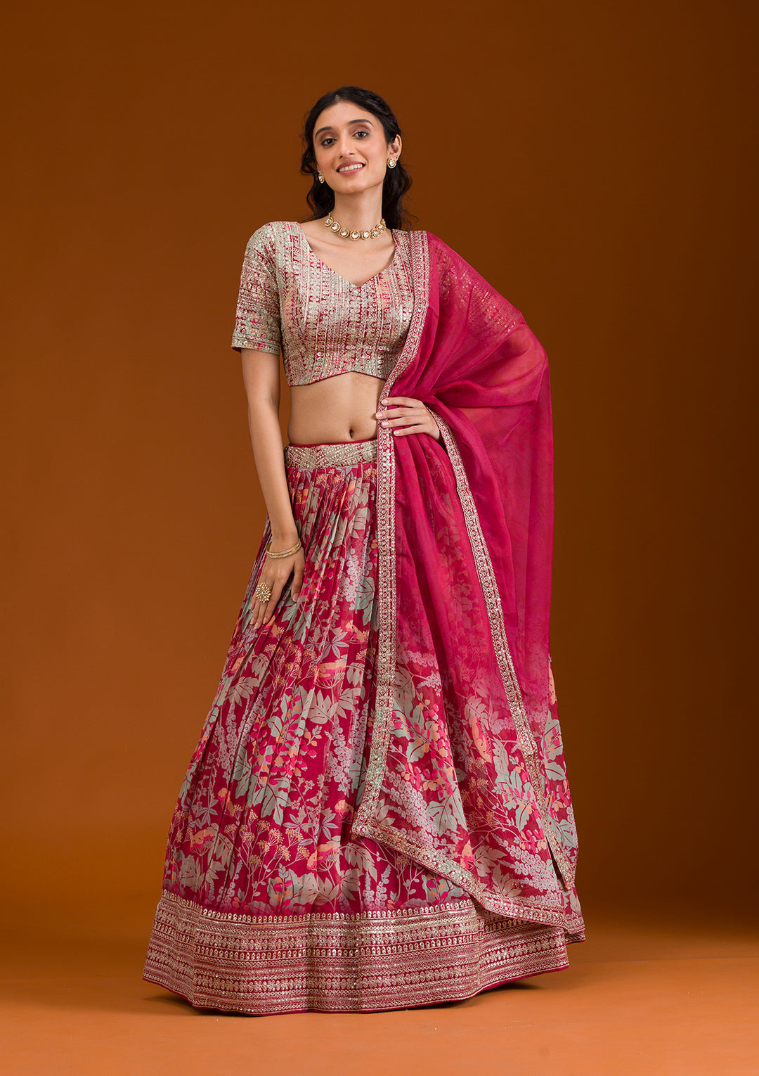 Silver Zariwork Maroon Georgette Stitched Lehenga Blouse With Dupatta