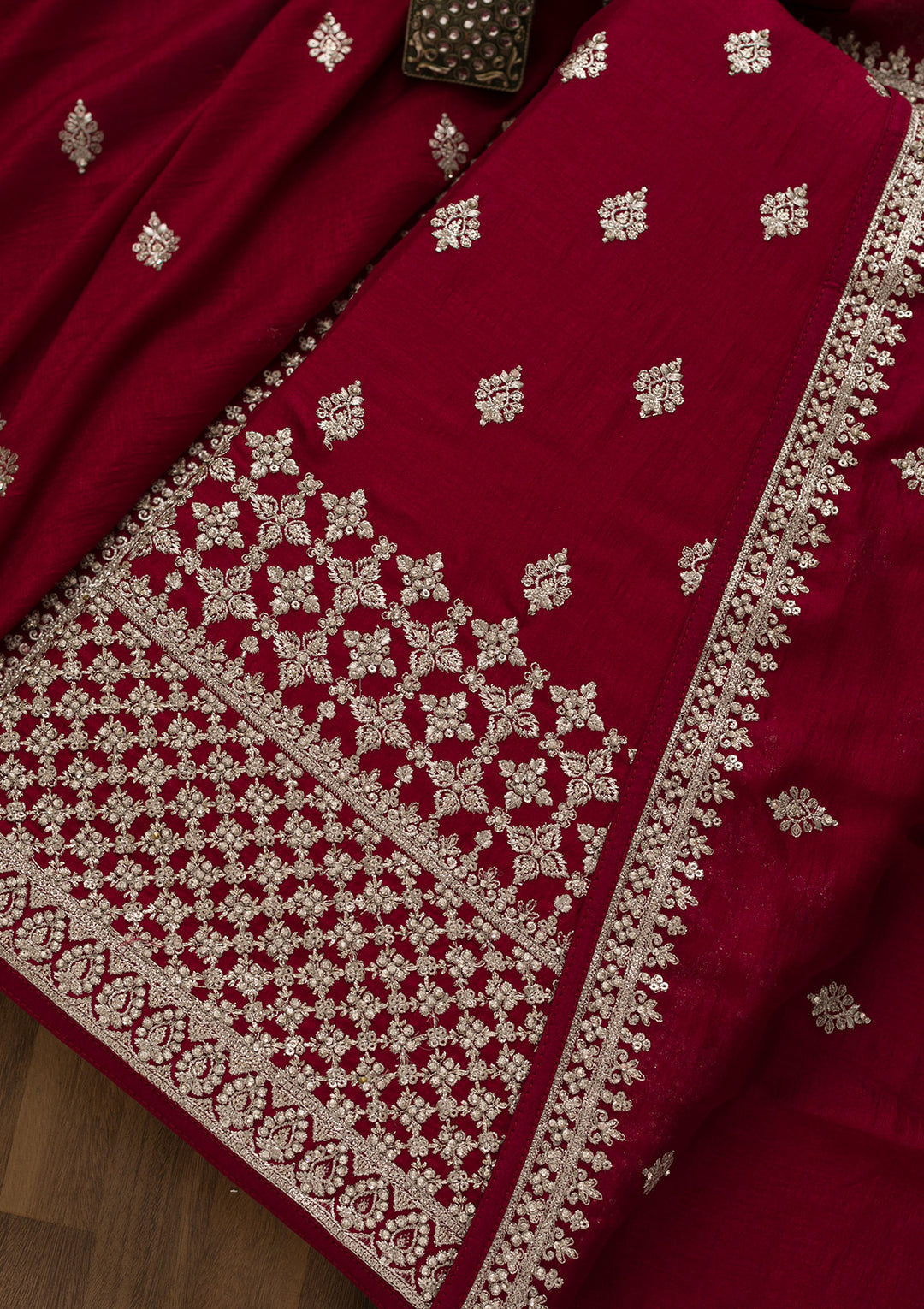 Maroon Soft Raw Silk Silver Zariwork Unstitched Dress Material With Matching Bottom And Dupatta