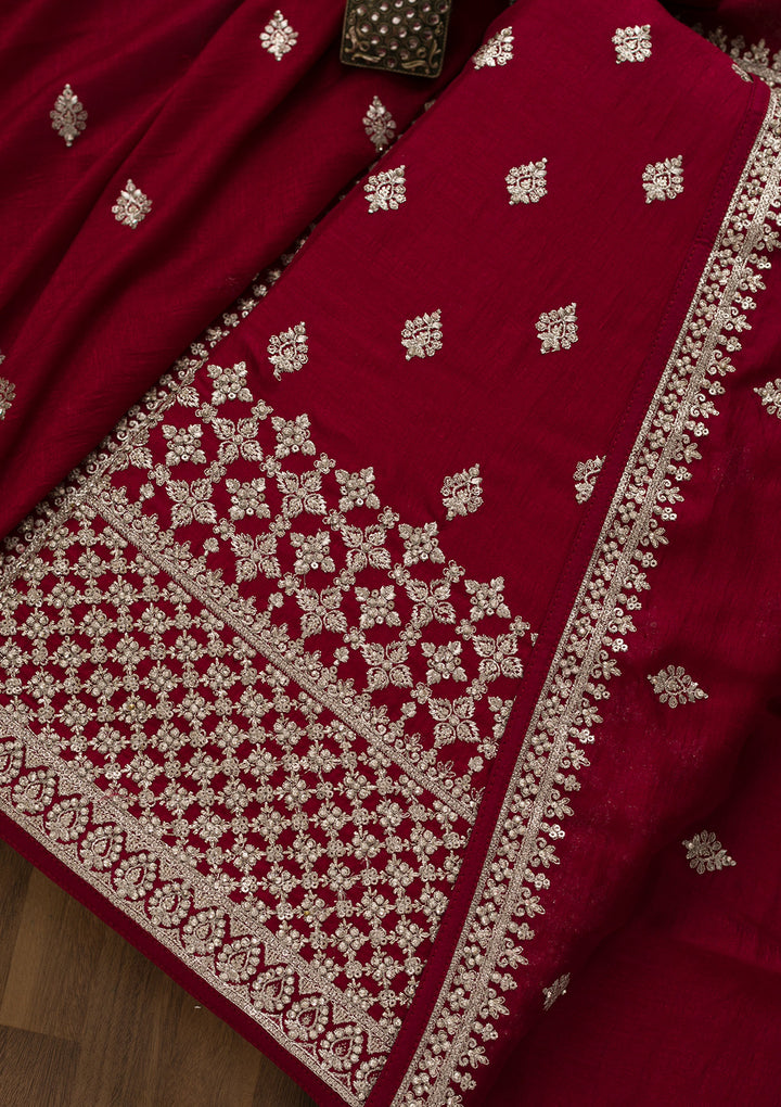 Maroon Soft Raw Silk Silver Zariwork Unstitched Dress Material With Matching Bottom And Dupatta