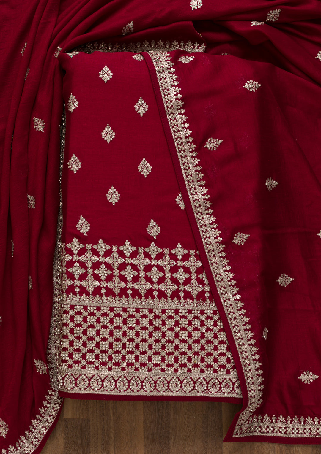 Maroon Soft Raw Silk Silver Zariwork Unstitched Dress Material With Matching Bottom And Dupatta