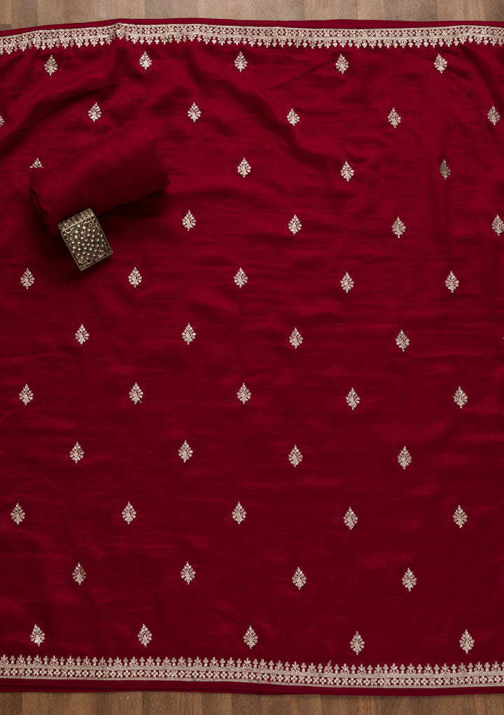 Maroon Soft Raw Silk Silver Zariwork Unstitched Dress Material With Matching Bottom And Dupatta