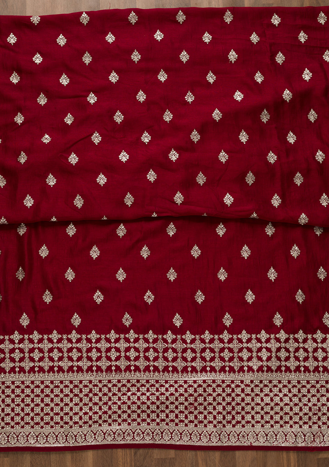 Maroon Soft Raw Silk Silver Zariwork Unstitched Dress Material With Matching Bottom And Dupatta