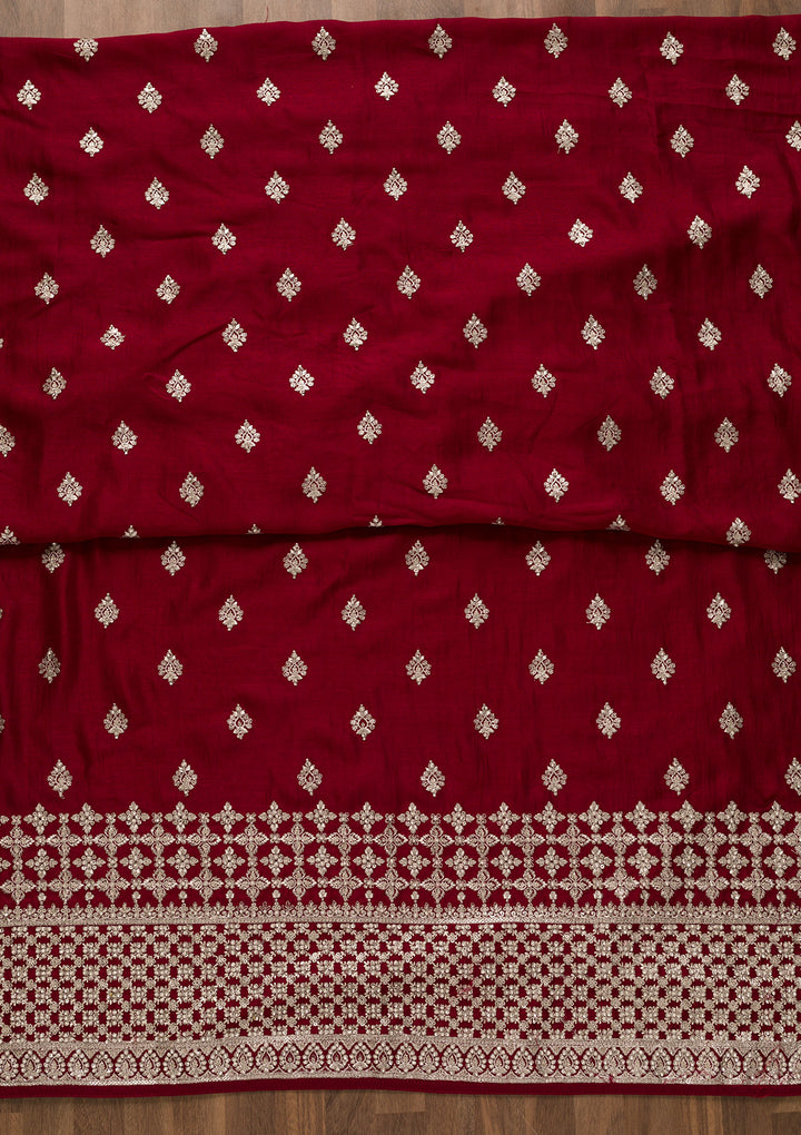 Maroon Soft Raw Silk Silver Zariwork Unstitched Dress Material With Matching Bottom And Dupatta