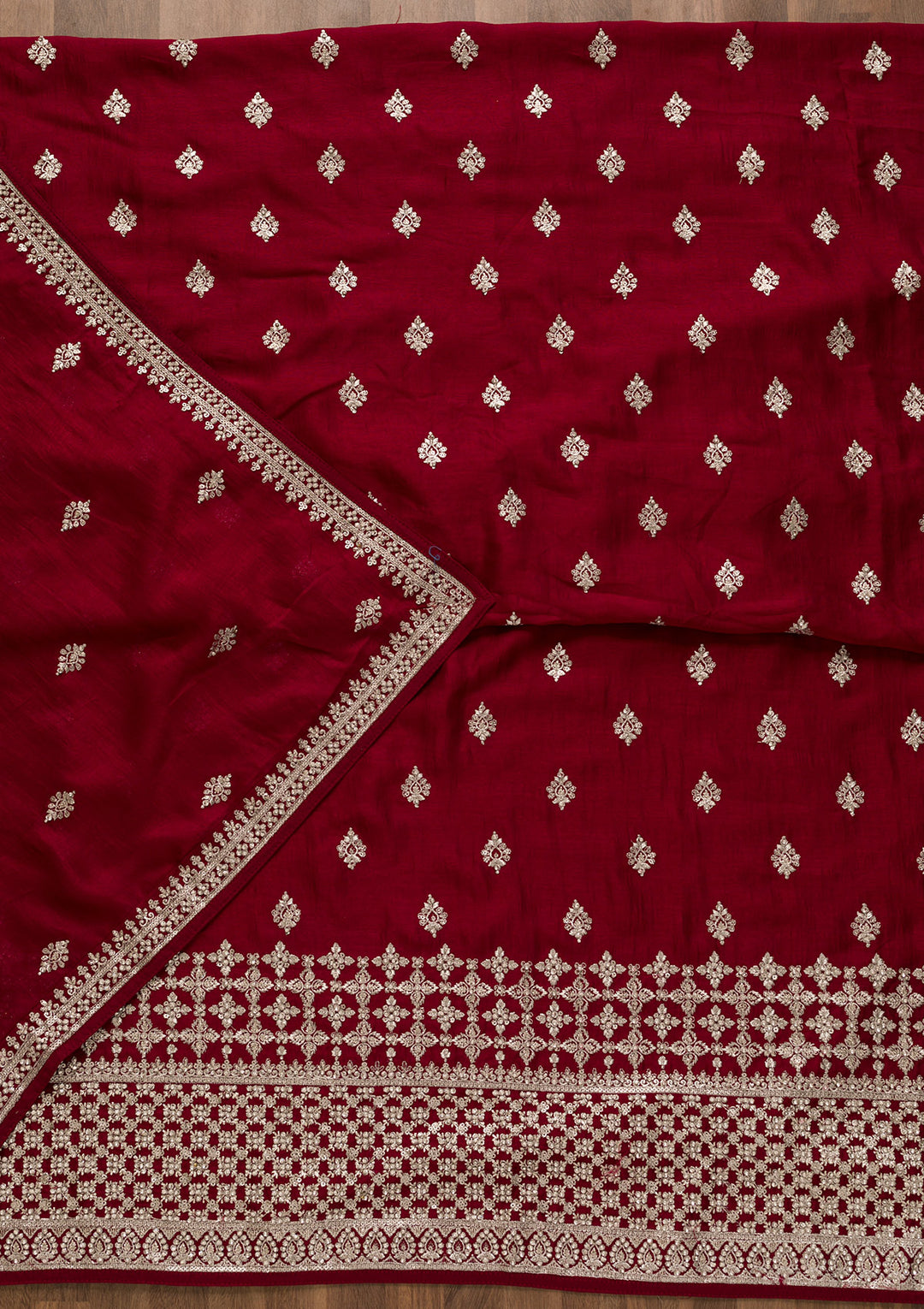 Maroon Soft Raw Silk Silver Zariwork Unstitched Dress Material With Matching Bottom And Dupatta
