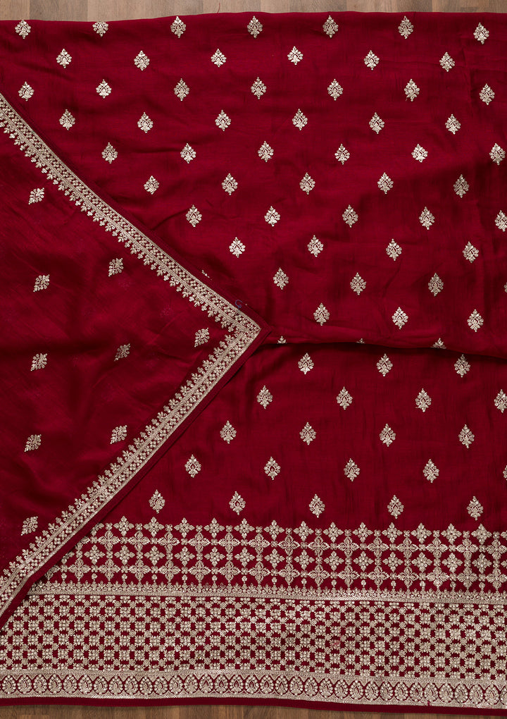 Maroon Soft Raw Silk Silver Zariwork Unstitched Dress Material With Matching Bottom And Dupatta