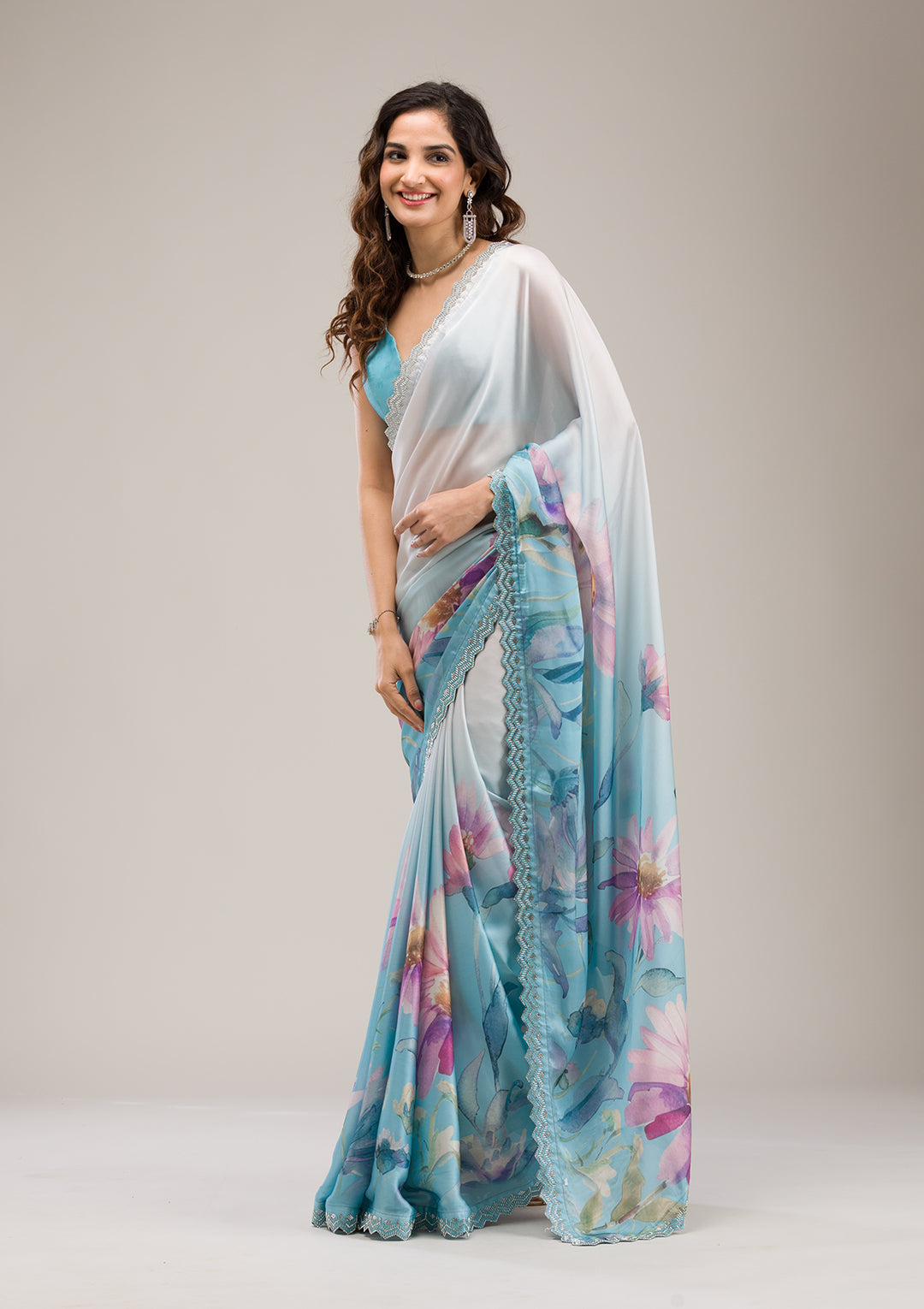 Sky Blue Stonework Satin Saree