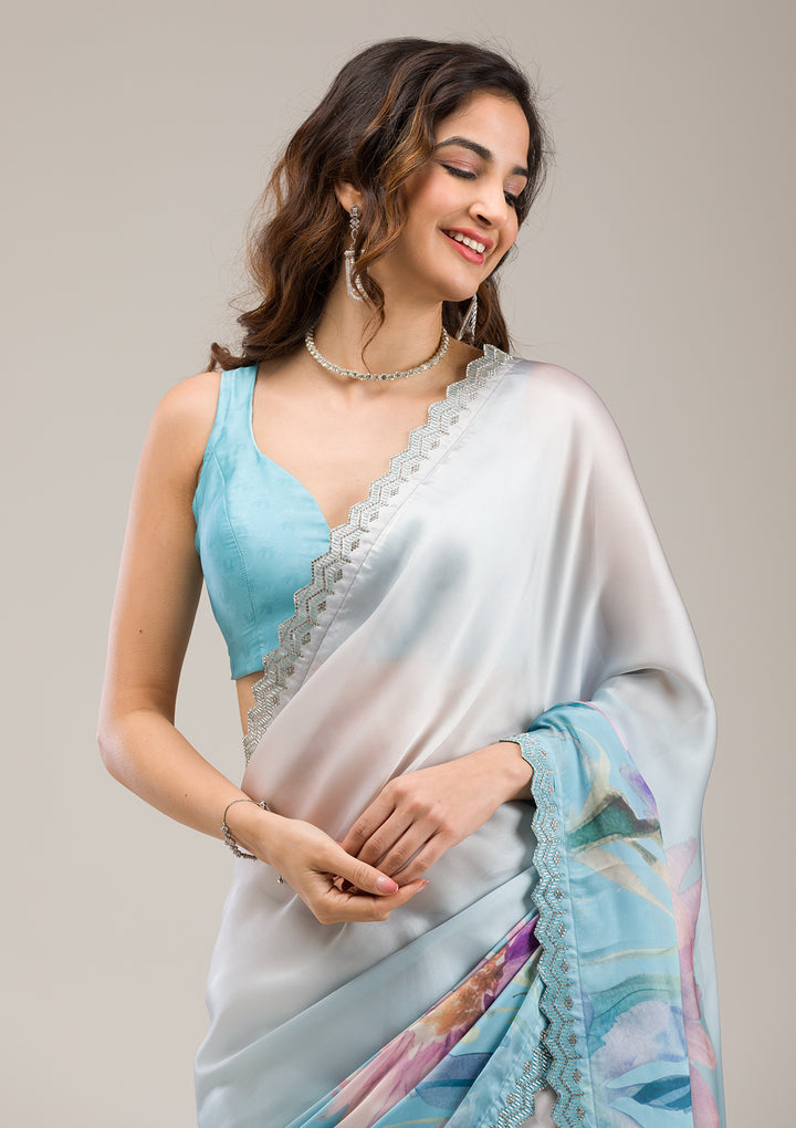 Sky Blue Stonework Satin Saree
