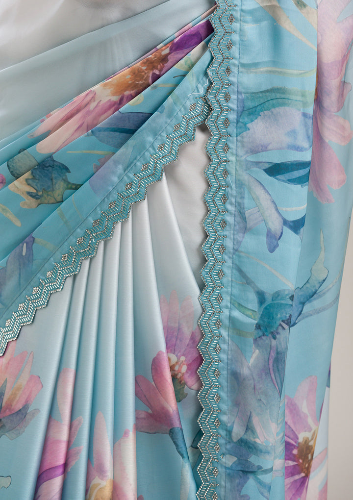 Sky Blue Stonework Satin Saree