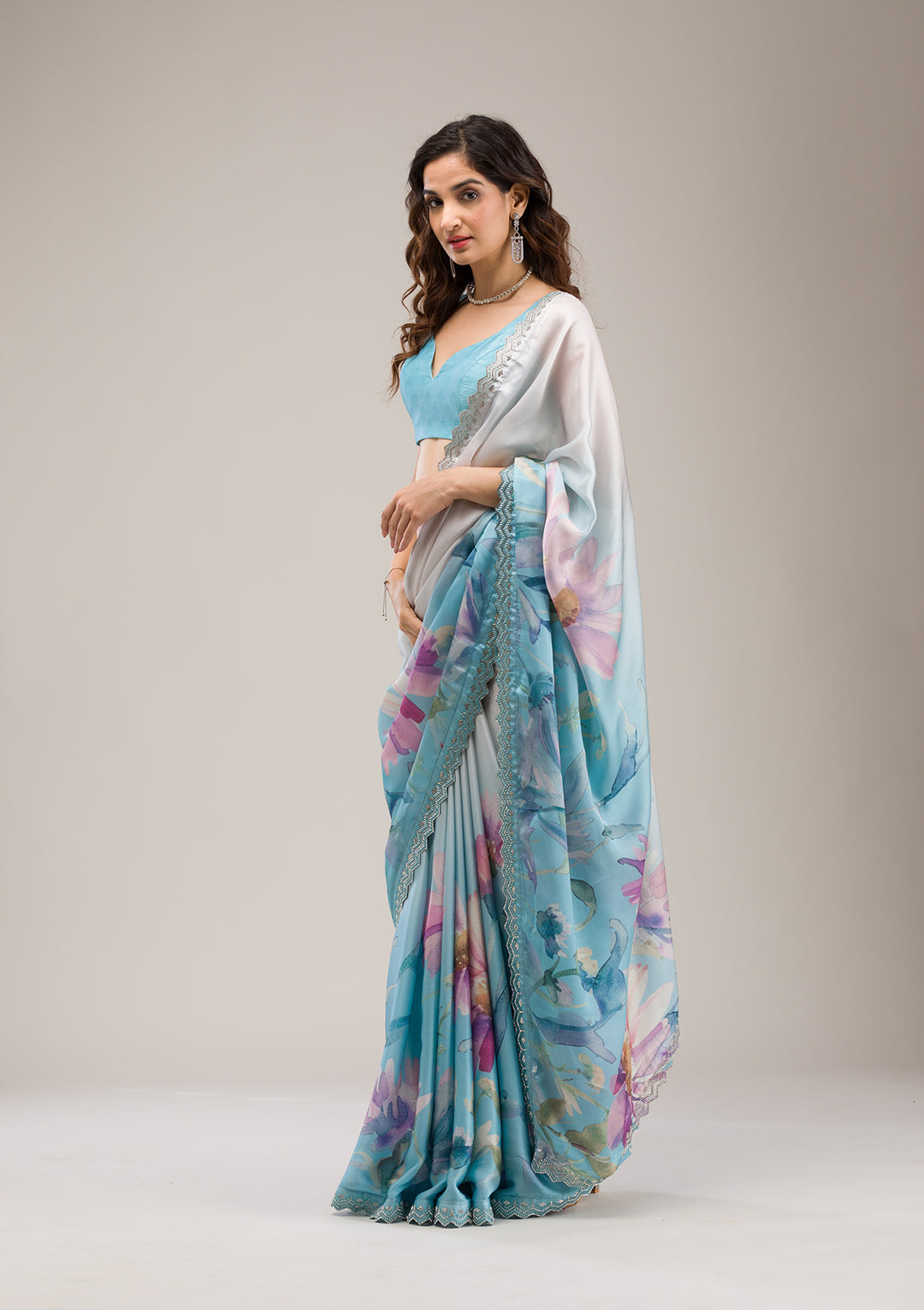 Sky Blue Stonework Satin Saree