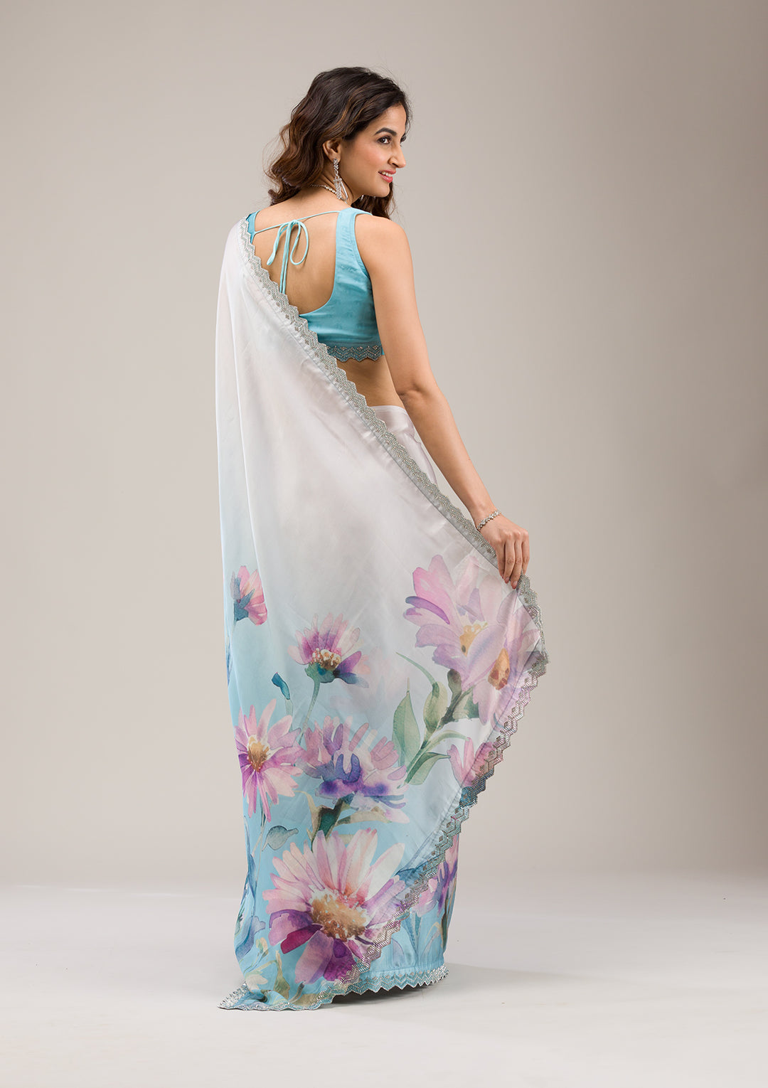 Sky Blue Stonework Satin Saree
