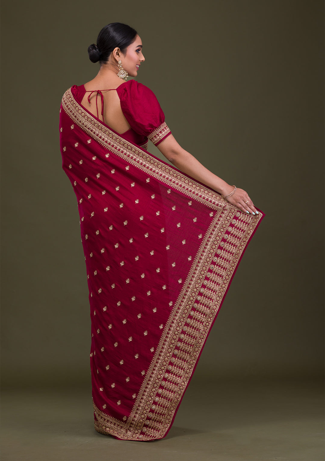 Maroon Soft Raw Silk Gold Stonework Saree With Matching Blouse Piece