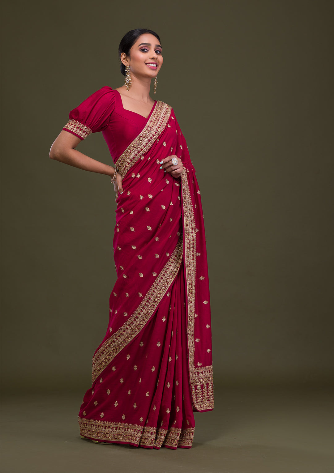 Maroon Soft Raw Silk Gold Stonework Saree With Matching Blouse Piece