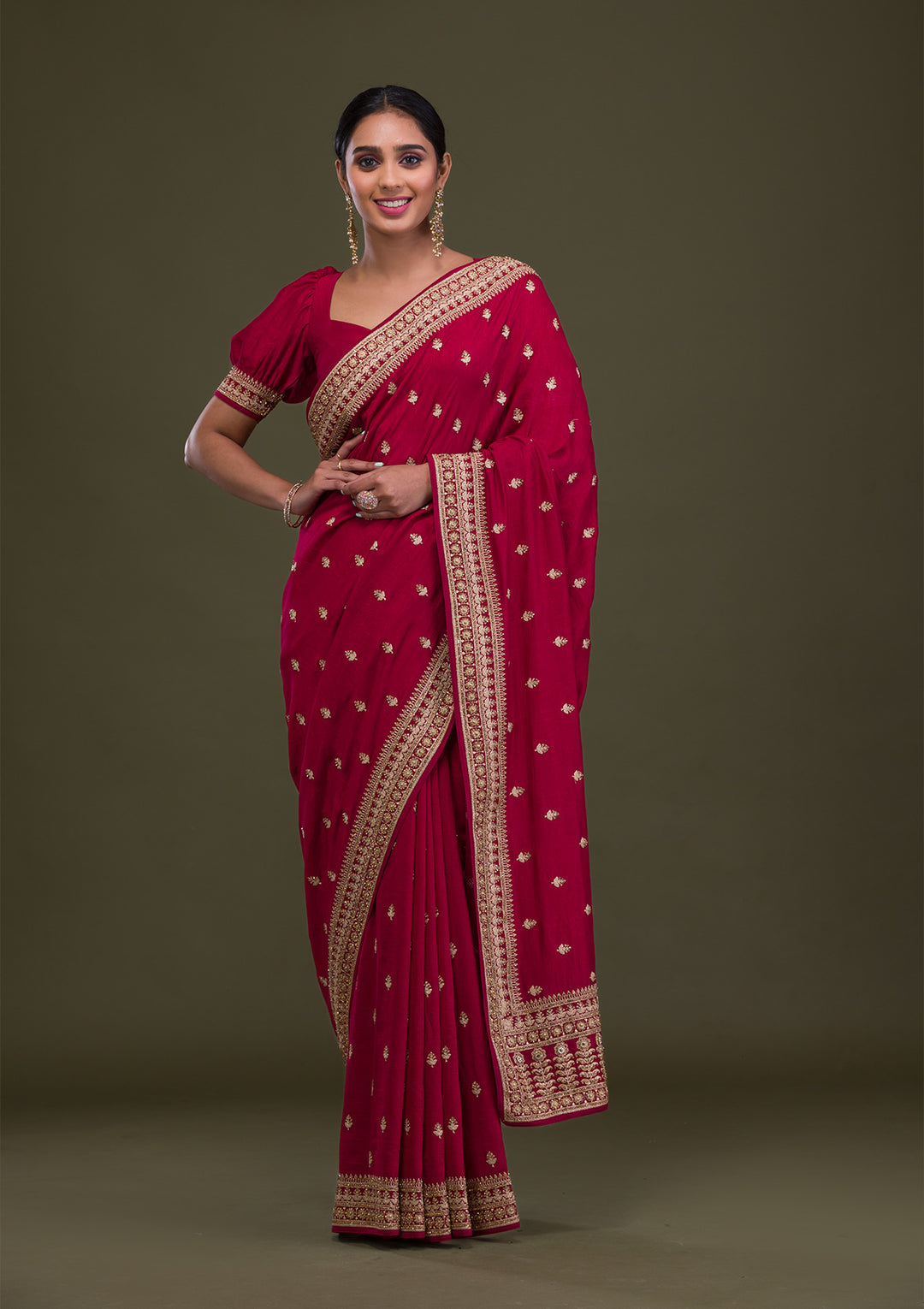 Maroon Soft Raw Silk Gold Stonework Saree With Matching Blouse Piece