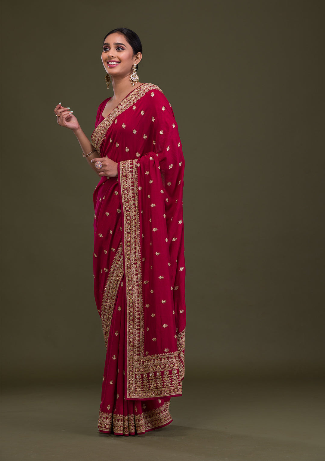 Maroon Soft Raw Silk Gold Stonework Saree With Matching Blouse Piece