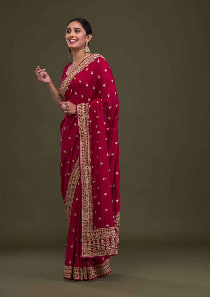 Maroon Soft Raw Silk Gold Stonework Saree With Matching Blouse Piece