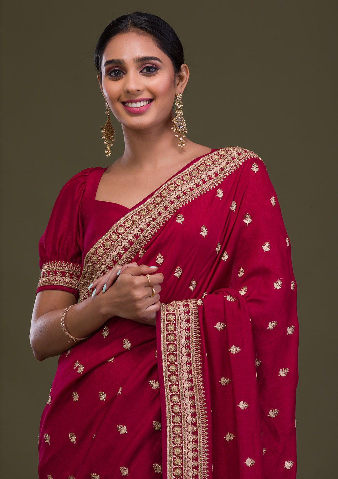 Maroon Soft Raw Silk Gold Stonework Saree With Matching Blouse Piece