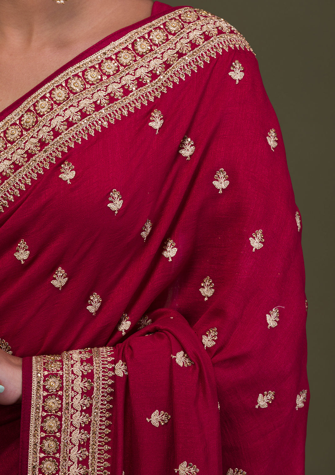 Maroon Soft Raw Silk Gold Stonework Saree With Matching Blouse Piece