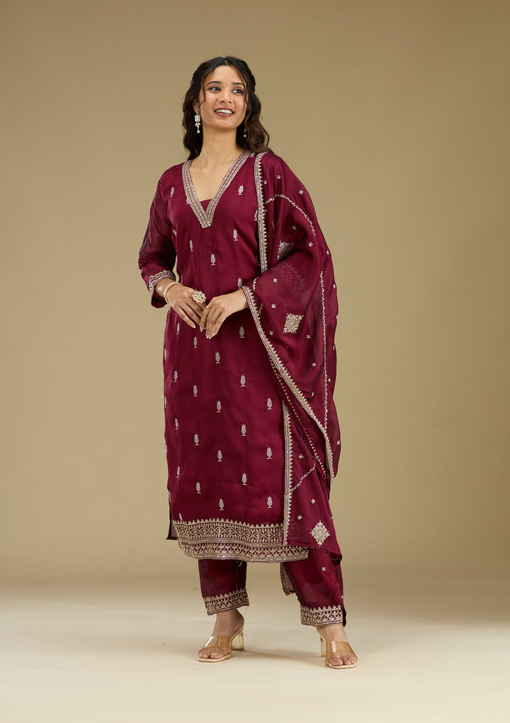 Maroon Threadwork Art Silk Readymade Salwar Suit