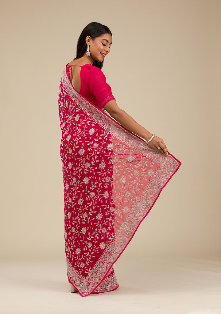 Maroon Threadwork Georgette Saree