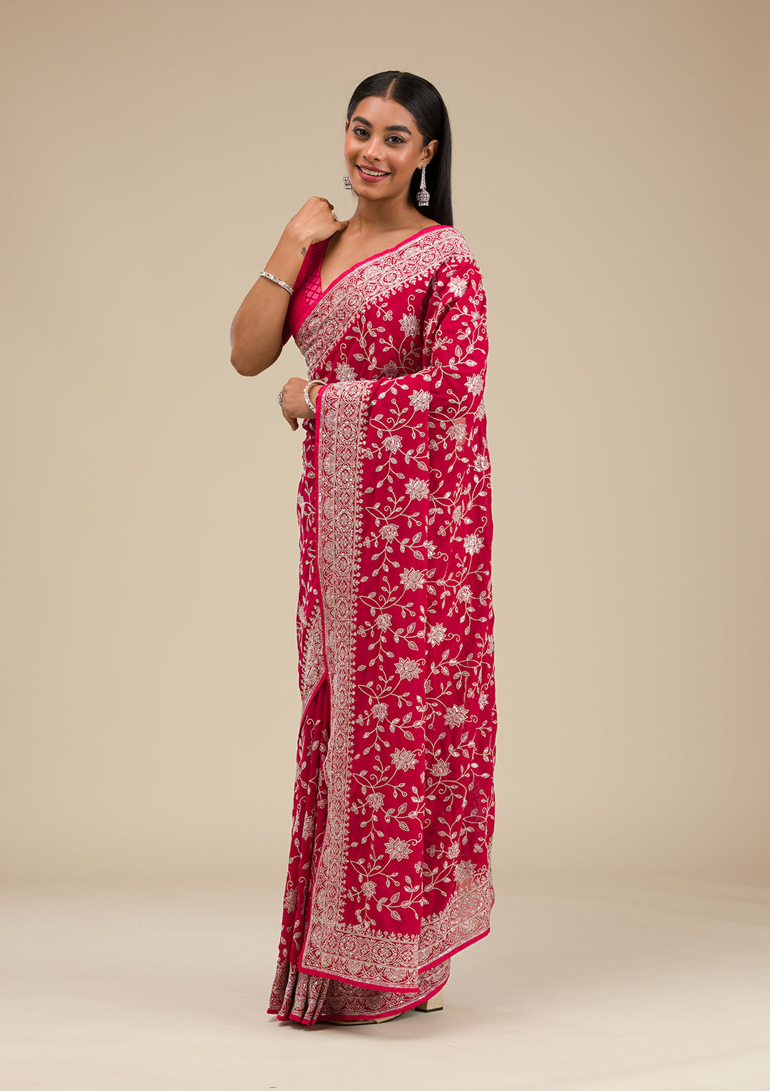 Maroon Threadwork Georgette Saree