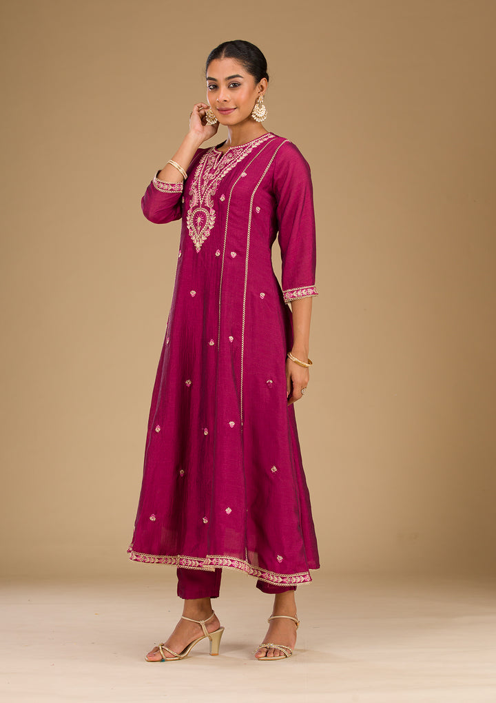 Wine Soft Raw Silk Threadwork Anarkali Kurta With Regular Pant And Dupatta